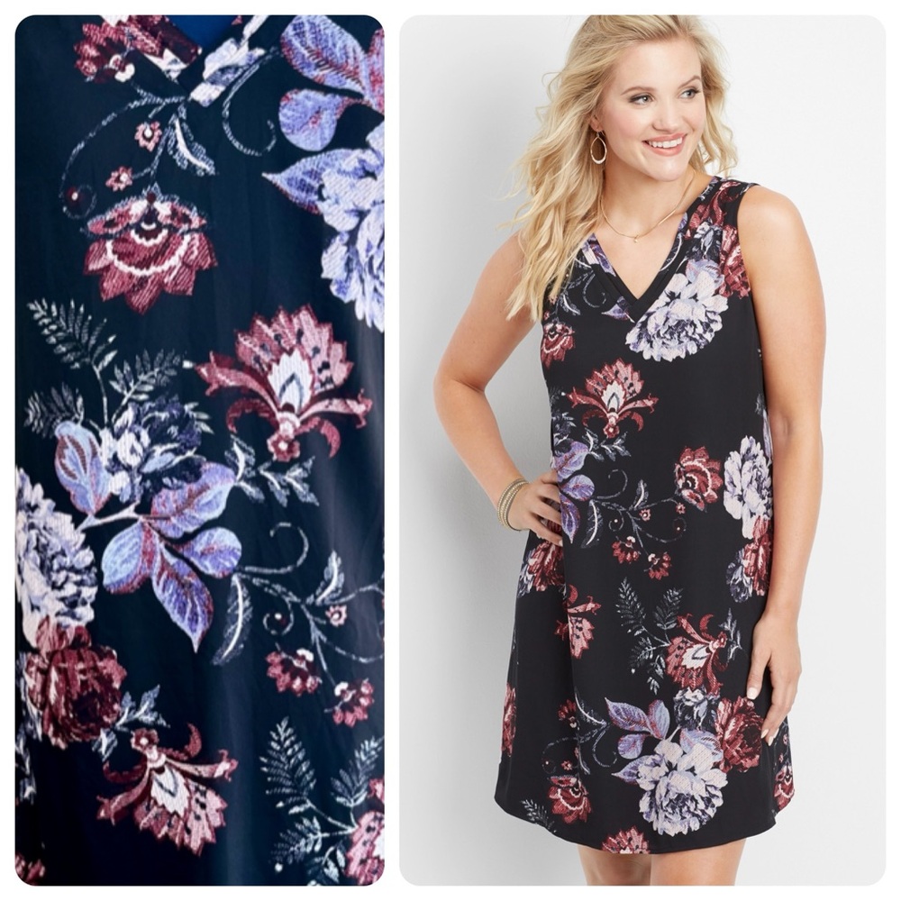 EUC Maurices V-Neck Black Floral Print Shift Dress
